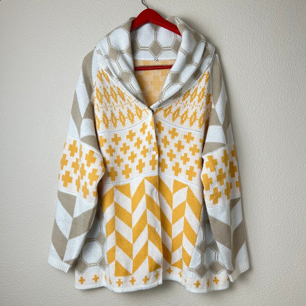 Boho Oversized Chunky Knit Cardigan Sweater Granola Yellow Cream Slouchy L XL